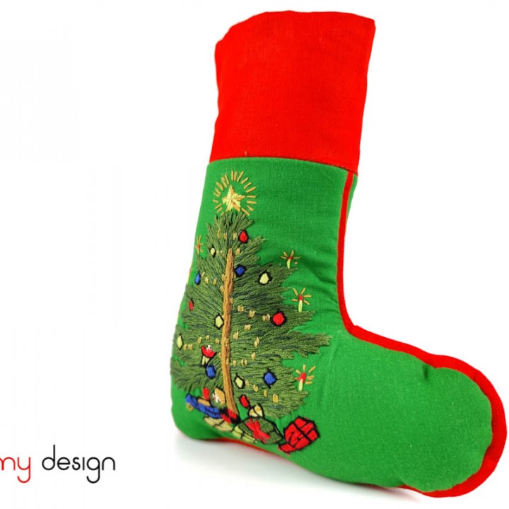 Small green Christmas boots with pine tree & gift embroidery